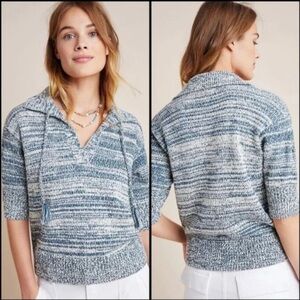 Anthropologie Carlotta Collared Marled Cotton Knit Sweater Blue Cream Size XS